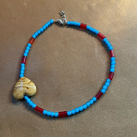 Asymmetrical glass bead choker heart handmade designer blue red - Picture 4 of 6
